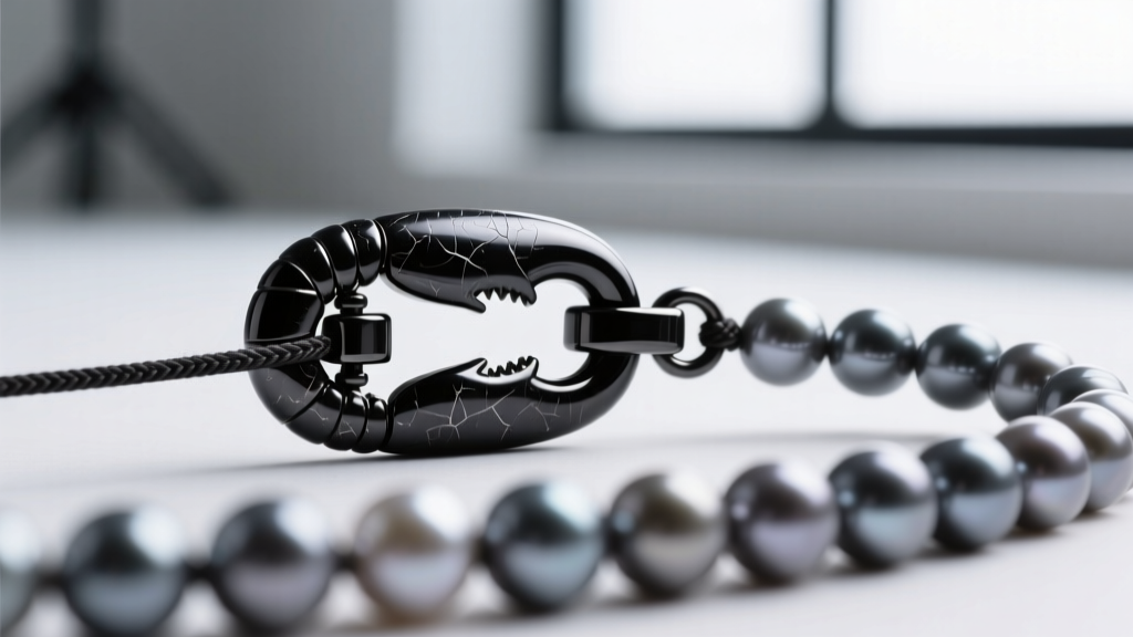 Macro shot of a matte black PVD-coated steel lobster clasp securing a strand of dark grey freshwater pearls on a nylon cord