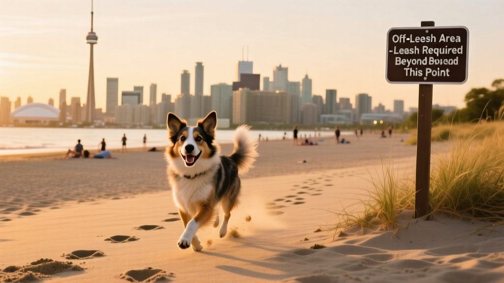 A mixed-breed dog running joyfully along a wide, sandy shoreline with Toronto’s skyline visible in the distance