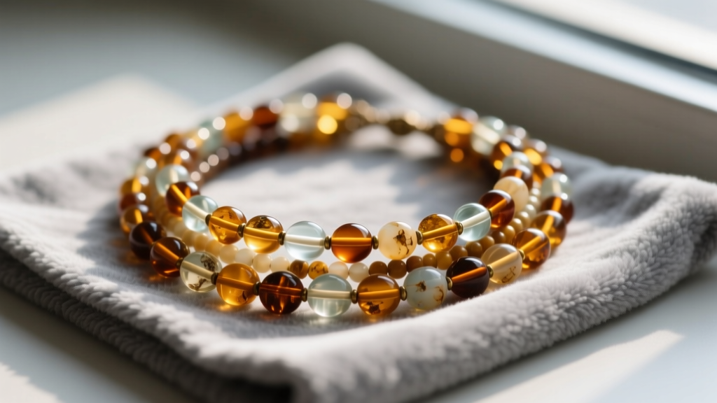 Close-up of a multi-strand vintage beads necklace featuring amber and glass beads resting on a soft grey microfiber cleaning cloth