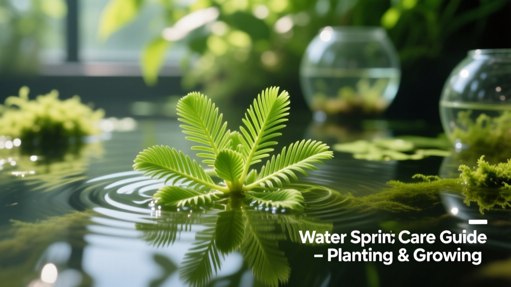 Close-up of vibrant green Water Sprite floating on the water surface with fine, feathery leaves