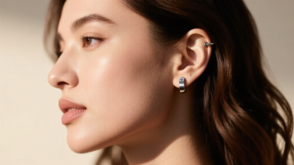 Side profile of a woman wearing a 16-gauge titanium flat back labret stud in her helix piercing, highlighting the flush fit.