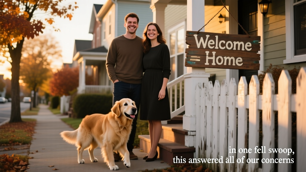 John and Tatiana smiling warmly beside Hero on their front step in Greenwich, with a 'Welcome Home' sign visible in the background