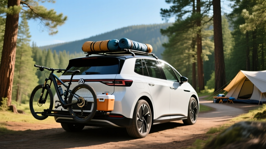Volkswagen ID. Buzz parked at a scenic national park campground with camping gear and bicycles attached to the rear hitch rack