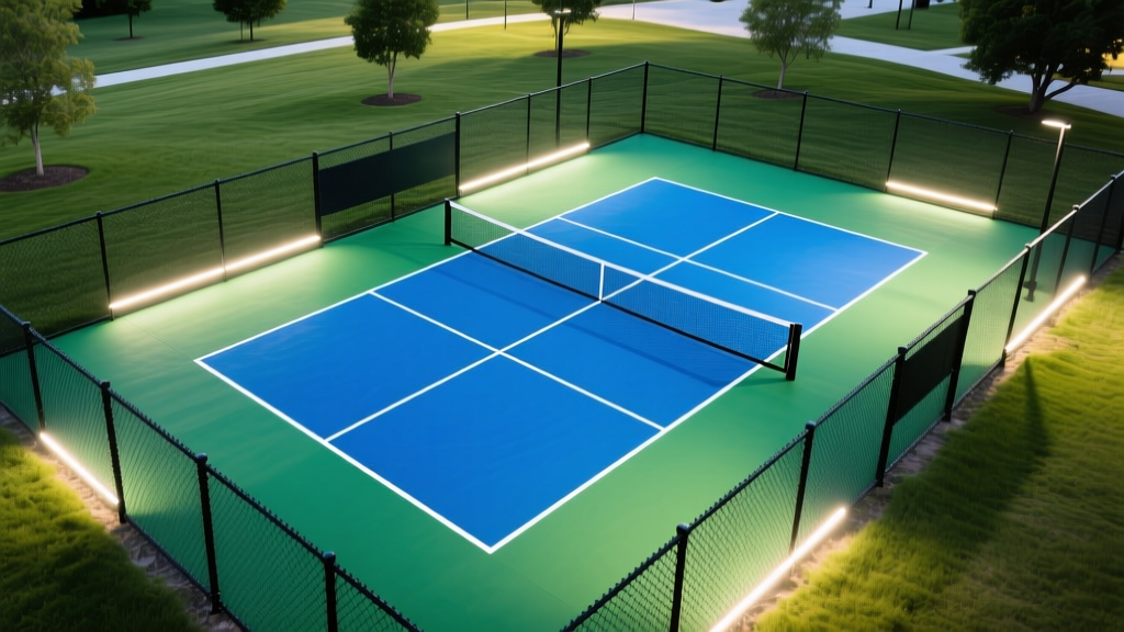 Aerial view of a newly constructed outdoor pickleball court with blue and green acrylic surfacing, black chain-link fencing, and LED lighting