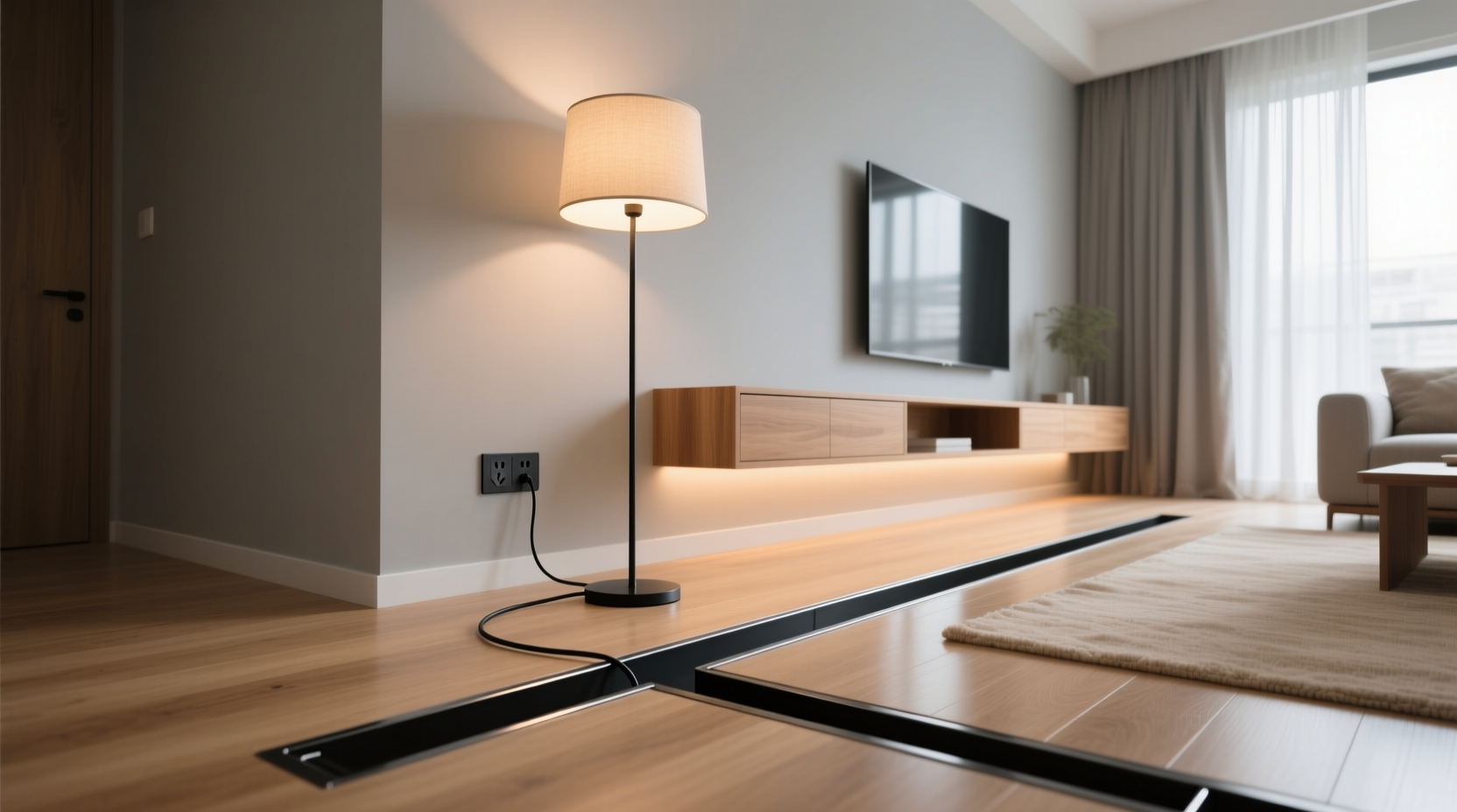 how to hide cords from a standing lamp in the middle of the room