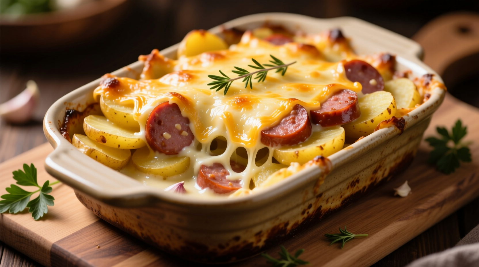 Golden kielbasa potato casserole with melted cheese
