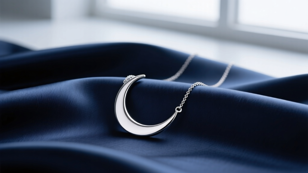 A .925 sterling silver half moon necklace resting on dark navy silk, soft studio lighting highlighting the brushed metal texture.