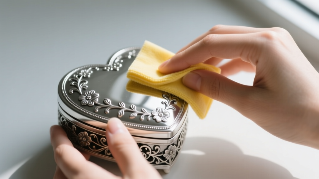 Hands gently wiping the ornate silver exterior of a heart shaped jewelry box with a yellow microfiber polishing cloth.