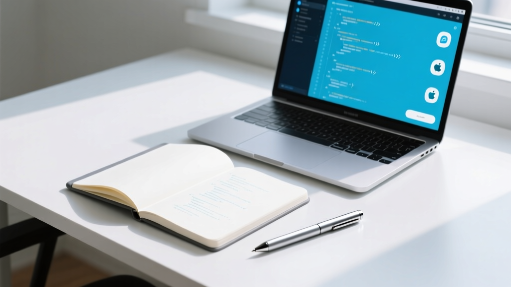 Overhead shot of a smart reusable notebook and digital pen resting next to an open silver laptop on a clean white study desk