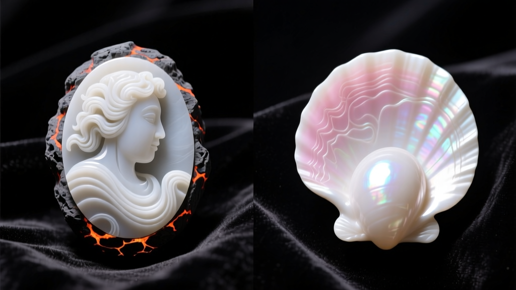 Side-by-side macro comparison of a white-on-grey lava stone cameo and a delicate white-on-pink helmet shell cameo on dark velvet.