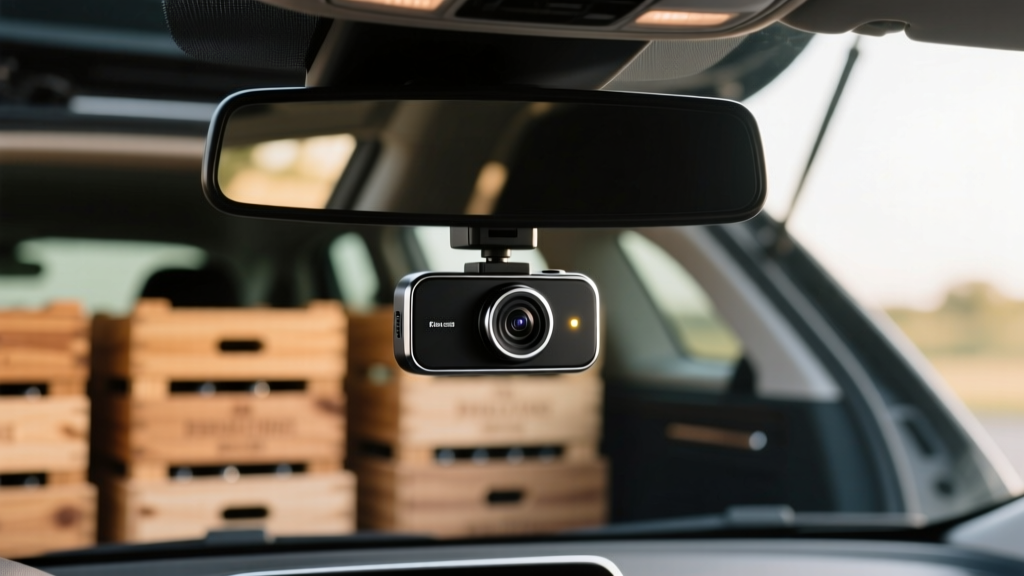 Close-up of a micro dash cam mounted behind a rearview mirror with a blurred background of a car trunk loaded with wooden wine crates.