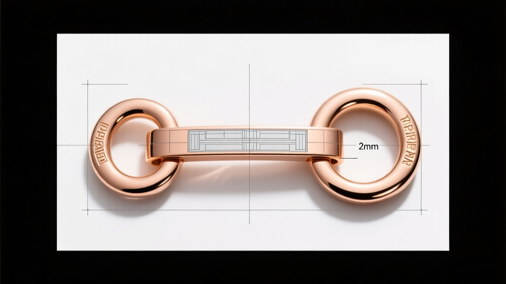 Technical drawing overlay on an 18k rose gold T-bar clasp showing the 2mm clearance gap between the bar and the O-ring interior