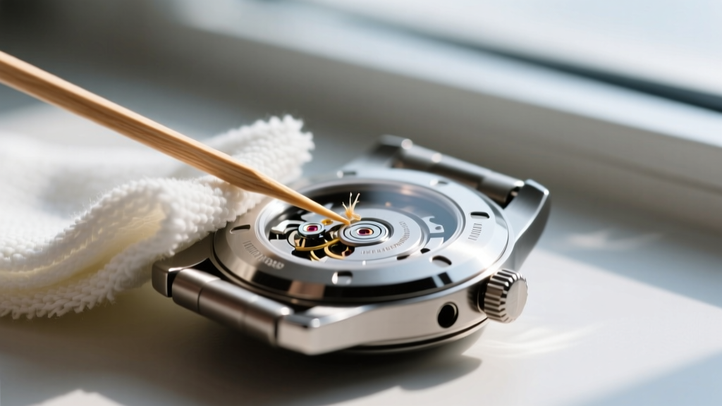 A clean microfiber cloth and a wooden toothpick being used to gently clear debris from the tiny lug holes of a titanium watch case