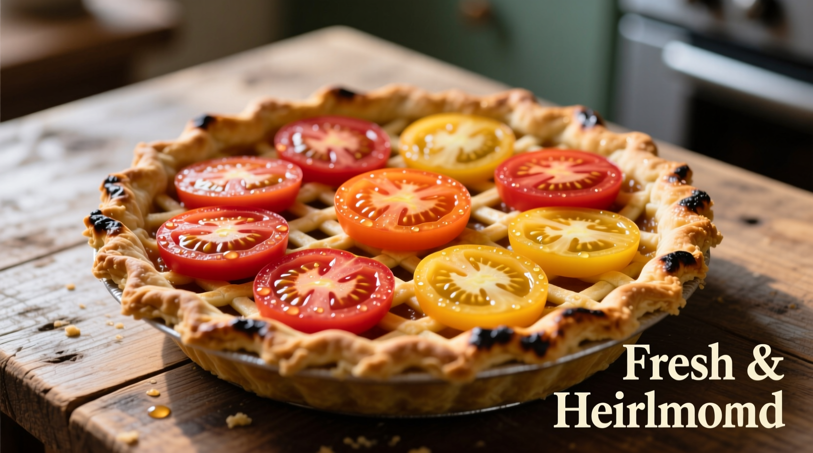 Sliced heirloom tomatoes arranged on pie crust