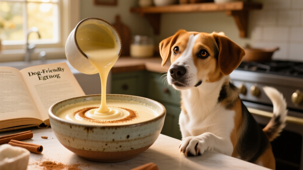 A creamy, pale golden eggnog-like mixture in a small ceramic bowl, garnished with a light dusting of cinnamon and served beside a happy dog