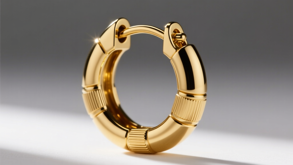 Macro photography of a 12-gauge gold saddleback hoop earring closure, highlighting the secure snap-fit mechanism and polished gold