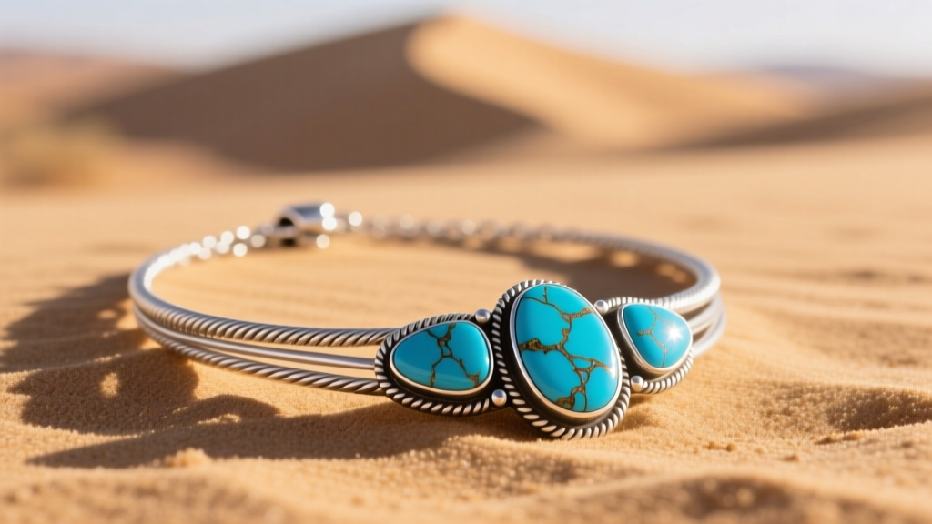 Heavy-gauge sterling silver Haywood turquoise necklace on textured sand, featuring vibrant blue Kingman stones in warm sunlight.