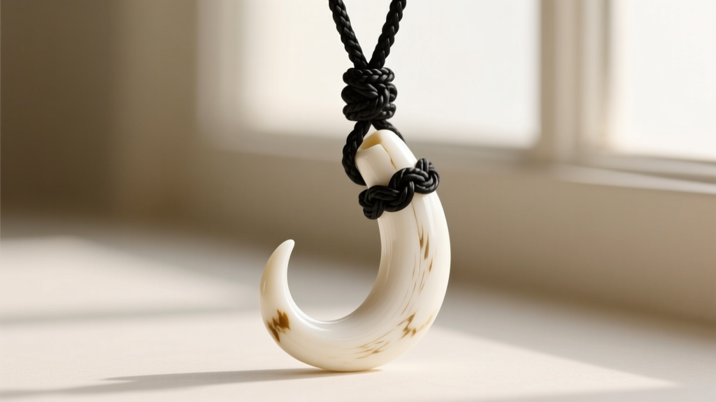 Macro shot of a polished white bone Maori fish hook pendant on a 3mm braided black waxed cotton cord with a sliding macrame knot