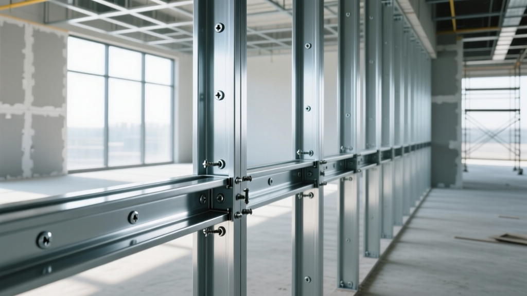 Galvanized cold formed steel framing studs and tracks secured with screws on a bright commercial interior construction site