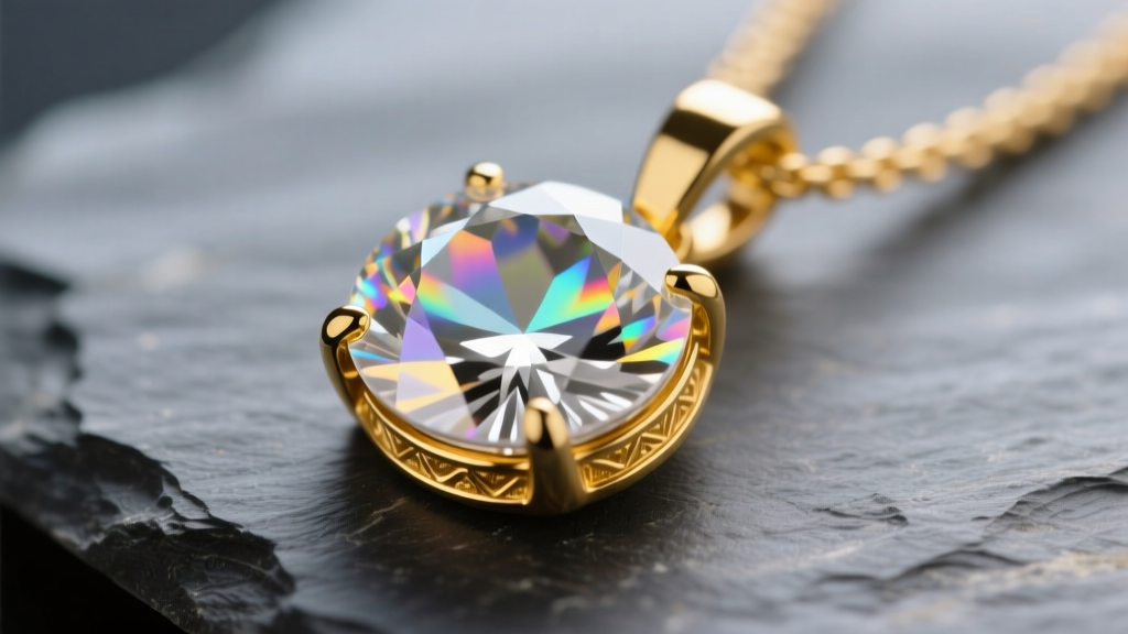 Macro shot of a cloudy moissanite pendant in 14k yellow gold on slate, showing a faint rainbow oil slick effect on the gem.