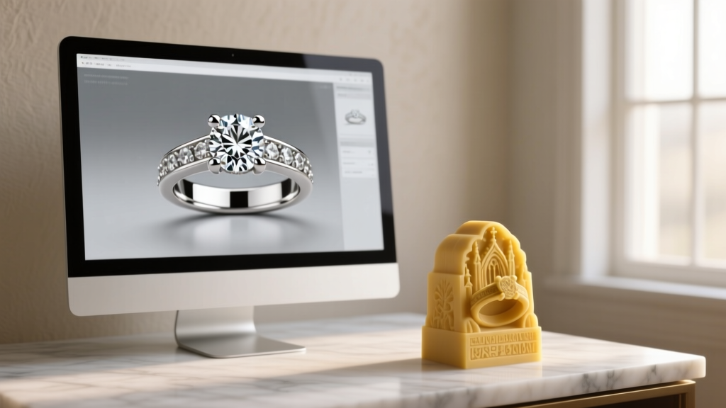 High-resolution 3D CAD rendering of a cathedral solitaire engagement ring on a monitor next to a carved yellow wax mold