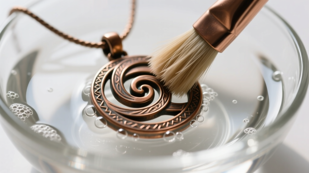 Soft brush cleaning the tight inner spirals of a solid bronze triskelion pendant with mild soapy water inside a clear glass bowl.
