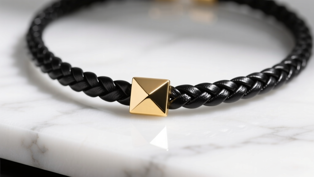 Macro shot of a braided genuine black leather cord necklace with an 18k gold geometric pendant resting on a white marble surface