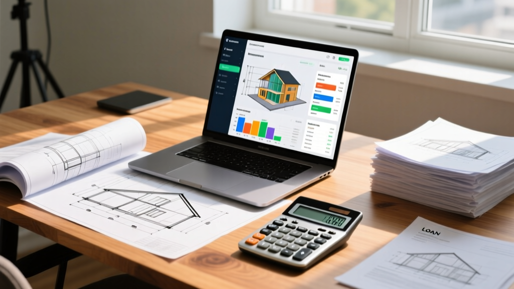 House blueprints on a wooden desk beside a financial calculator, loan documents, and a laptop screen showing construction cost estimating software