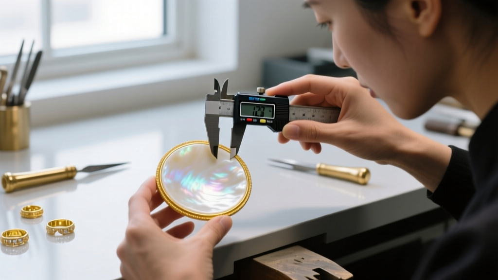Jeweler using digital calipers to measure the thickness of a solid white mother of pearl disc before setting it into a gold bezel
