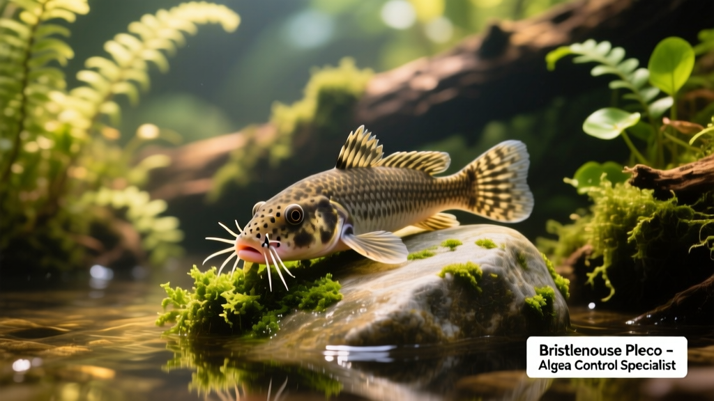 Close-up of a Bristlenose Pleco grazing algae off a smooth rock in a well-planted freshwater aquarium