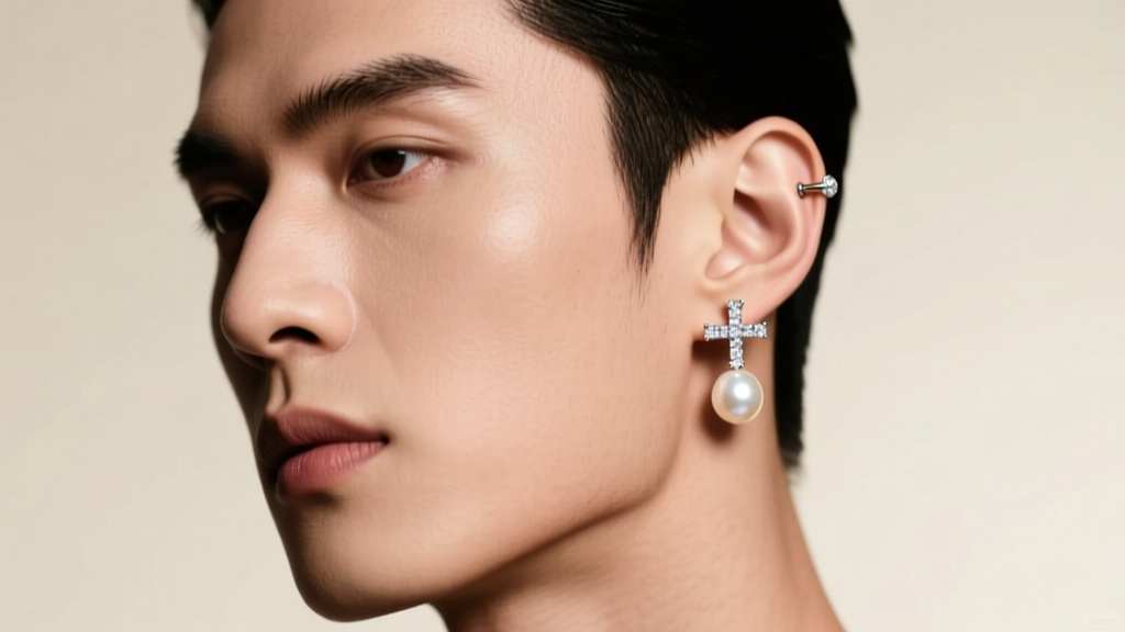 Male model wearing a freshwater pearl drop earring and diamond cross helix stud, soft studio lighting, high fashion editorial.