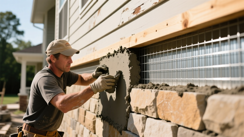 Mason applying mortar to install manufactured stone masonry veneer on a residential exterior wall with metal lath and weep screed visible