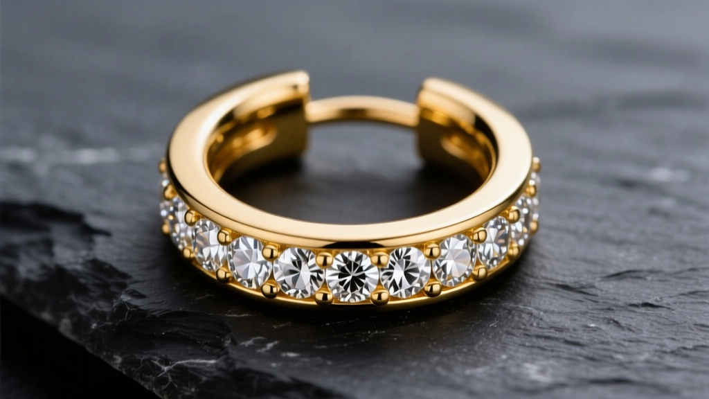 Close-up of a masculine 14k yellow gold huggie hoop earring with channel-set round brilliant diamonds, resting on dark slate.