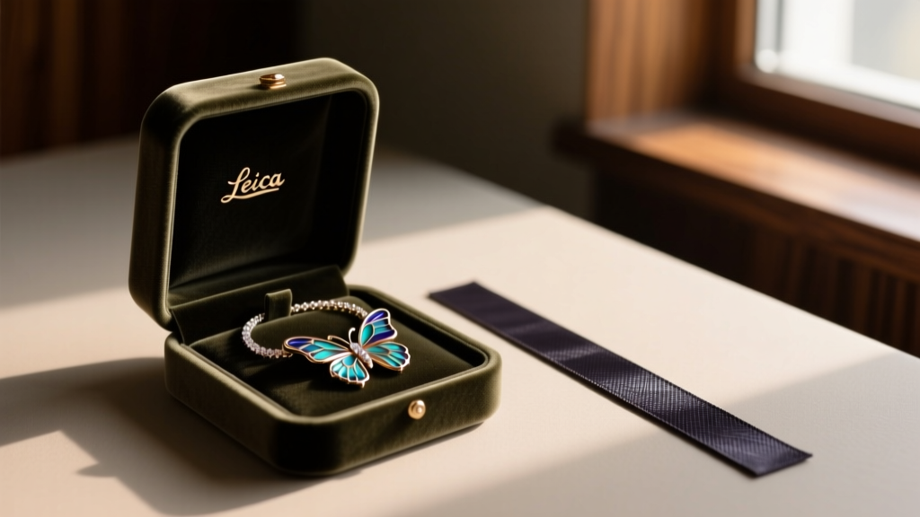 Open velvet jewelry box containing a neatly coiled butterfly pendant necklace stored next to a dark anti-tarnish strip in a dimly lit room