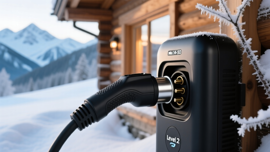 Close-up of a NEMA 14-50 adapter plugged into a portable Level 2 EV charger outside a snowy mountain cabin in winter.