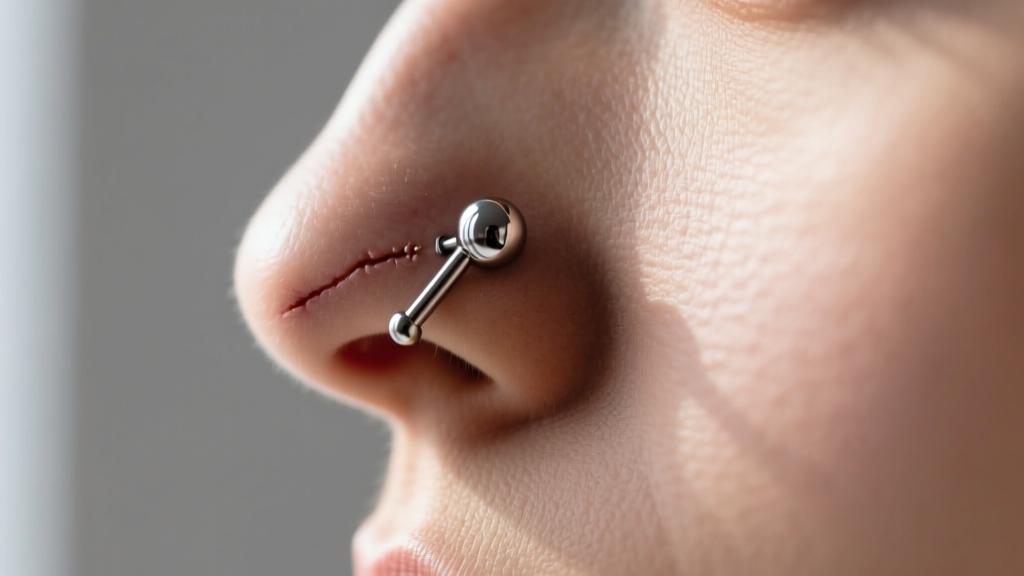 Side profile of a healed nipple piercing wearing a 12-gauge titanium barbell with polished ends against a neutral grey backdrop
