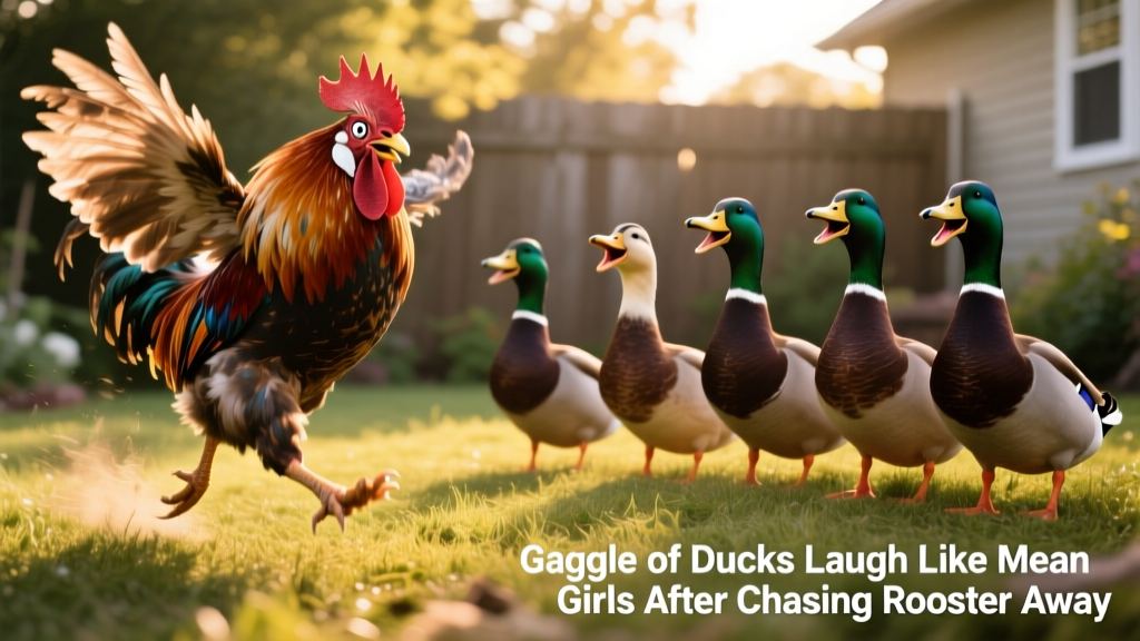 Side-by-side stills showing a startled rooster mid-run and a group of ducks standing upright with beaks slightly open, as if mid-cackle