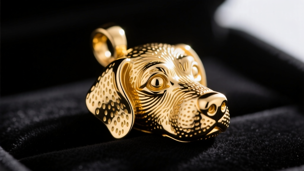 Macro shot of an 18k yellow gold dog nose pendant on dark velvet, highlighting intricate metal stippling and nostril textures.