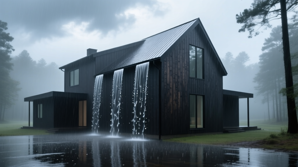 Dark charcoal board and batten siding on a modern farmhouse exterior during heavy rain showing vertical water runoff channels