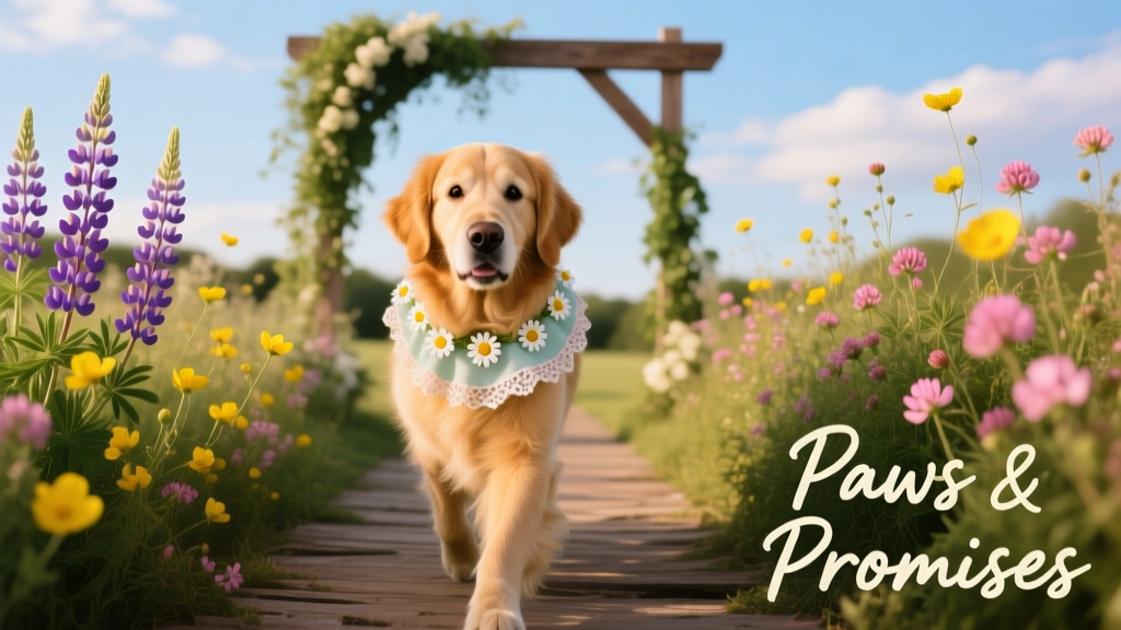 A golden retriever wearing a floral collar, walking confidently down a rustic outdoor aisle lined with wildflowers