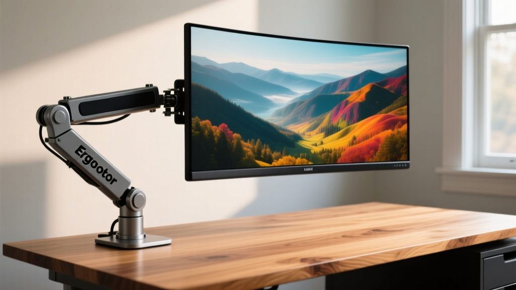 Side profile of an Ergotron LX monitor arm supporting a heavy 32-inch ultrawide display mounted to a thick oak desk edge