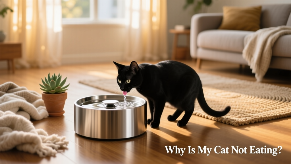 Cat drinking from a quiet, stainless-steel water fountain on the floor
