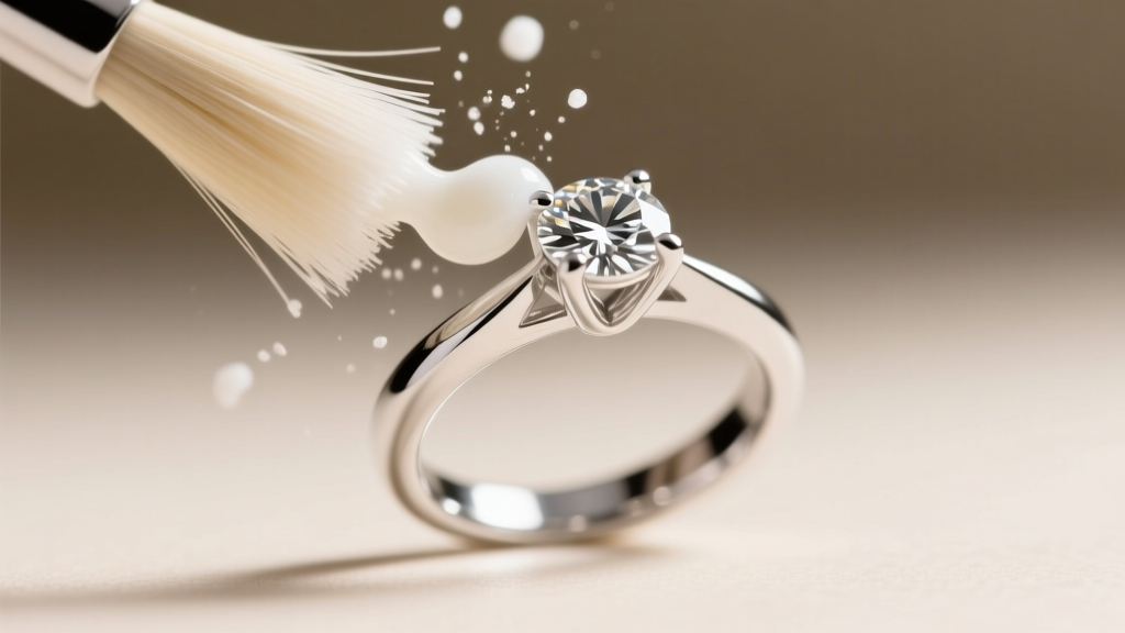 Macro shot of extra-soft synthetic bristles gently scrubbing the pavilion of a platinum solitaire ring, revealing dislodged lotion buildup.