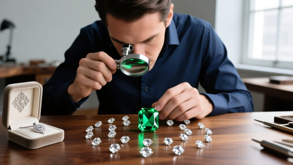 Jeweler examining a loose emerald with a loupe, surrounded by melee diamonds and a platinum pendant setting on a wooden workbench.