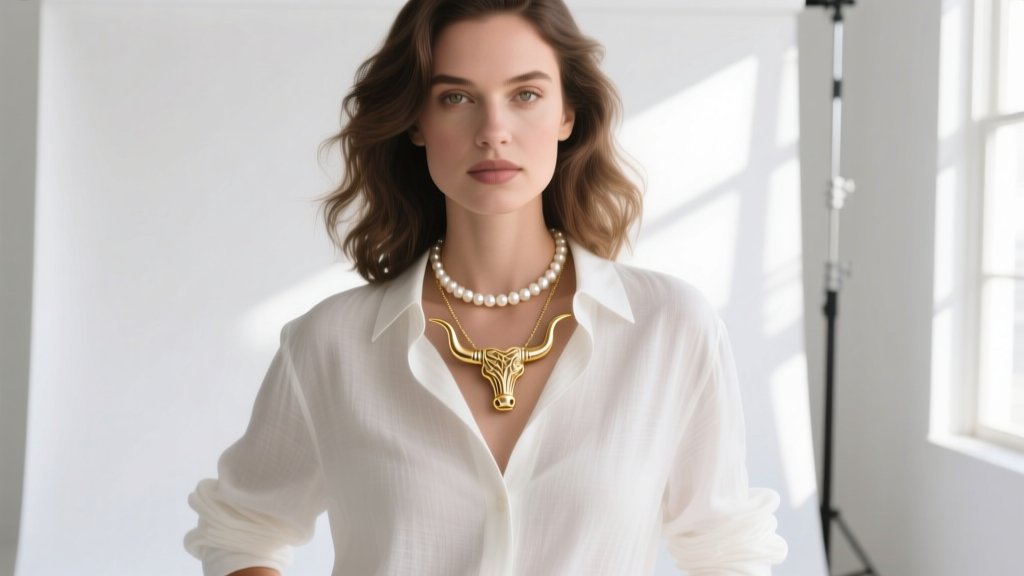 Woman wearing a delicate gold Texas Longhorn necklace layered with a pearl choker against a crisp white linen button-down shirt.
