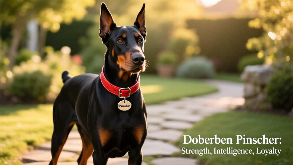 Medium shot portrait of a Doberman Pinscher wearing a red collar