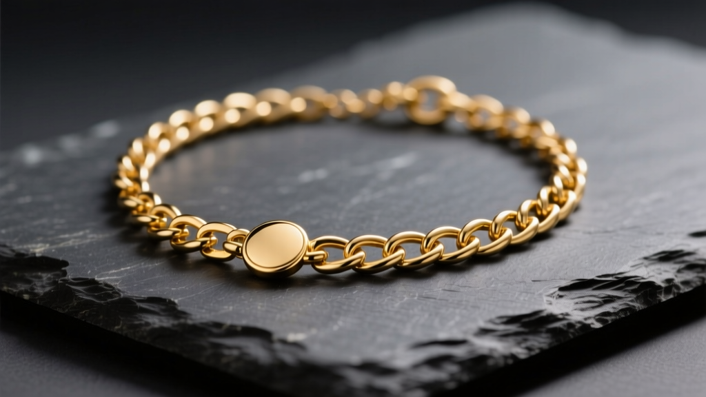 Macro shot of an 18k gold-plated brass chain necklace resting on dark slate, lit by soft warm directional studio lighting.