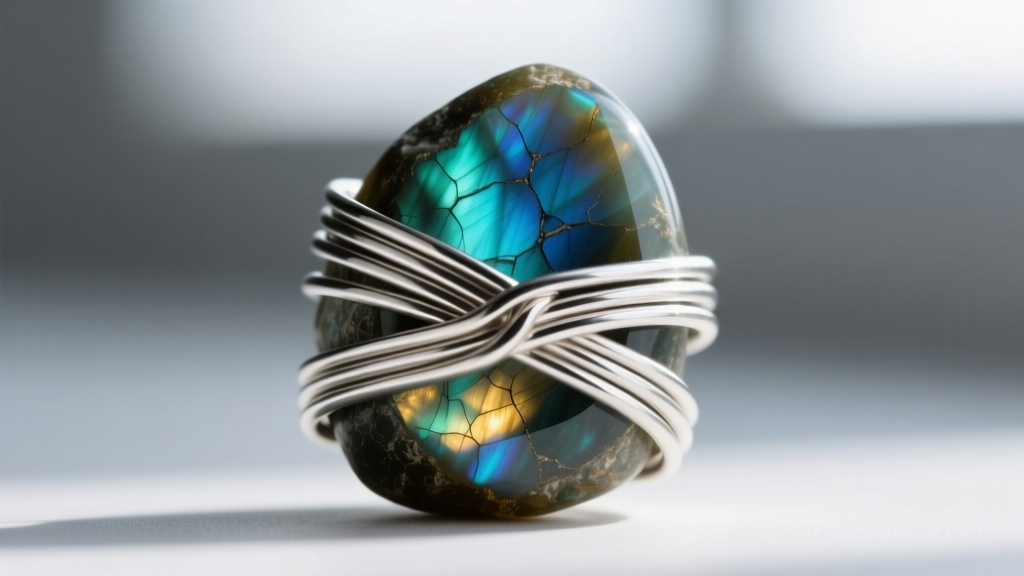 Close-up of 20-gauge Argentium silver wire wrapping a raw labradorite gem, showing half-hard tension and clean woven loops.