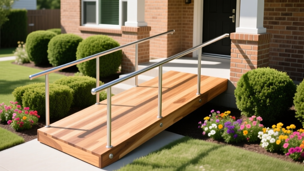 Wooden handicap ramp with stainless steel handrails leading to a brick porch, surrounded by manicured landscaping and bright sunlight