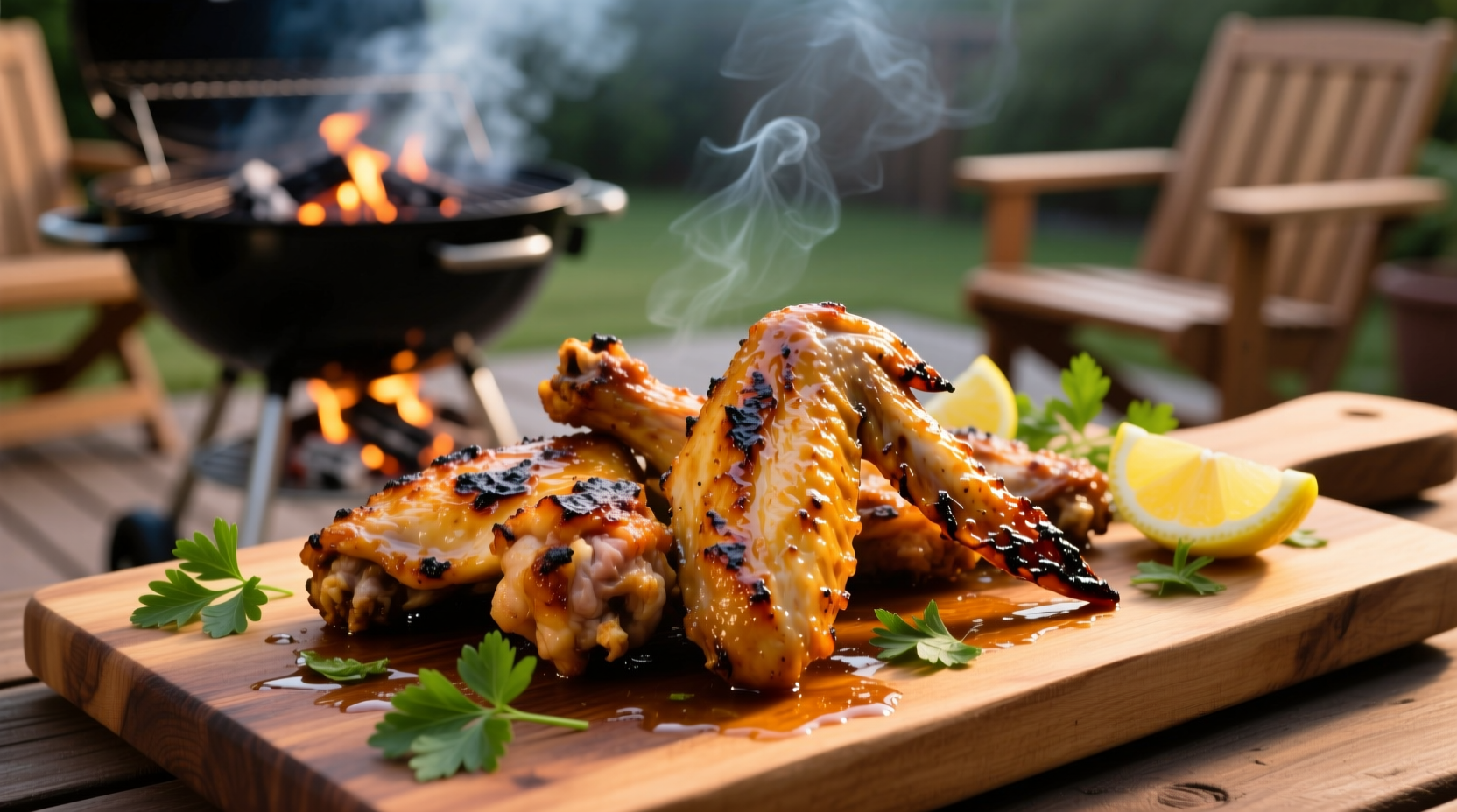 Grilled chicken wings with crispy skin on barbecue